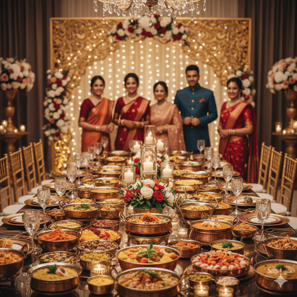 Elegant wedding catering setup with beautifully arranged food platters and floral decorations